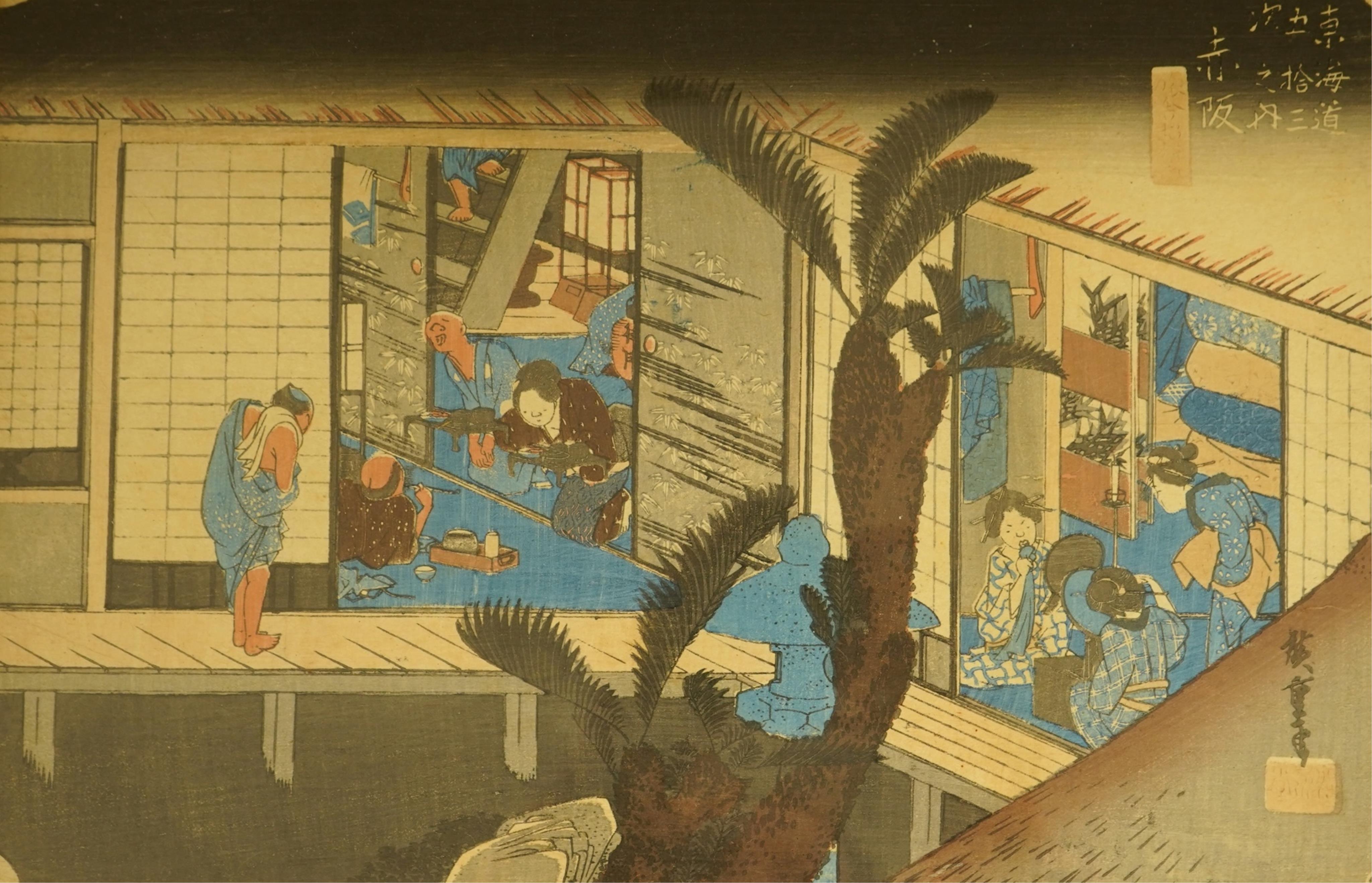Hiroshige (1797-1858), 'Scene of hostesses at an inn from The 53 stations of Tokaido series’, Japanese woodblock print, 22 x 34cm